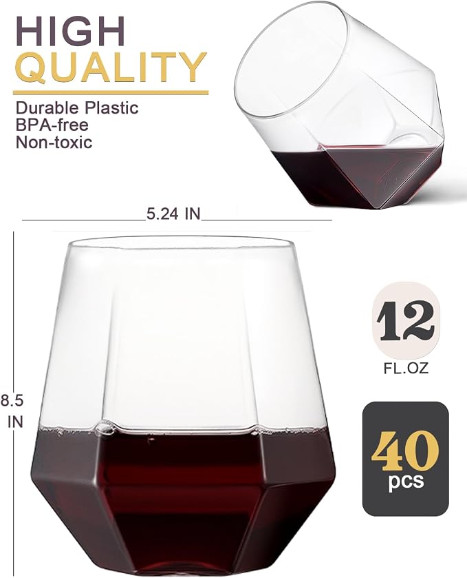 40 Pack Plastic Wine Glasses, 12 Oz Disposable Cocktail Whiskey Glasses | Clear Diamond Stemless Champagne Margarita Glasses, Unbreakable Reusable Plastic Party Cups for Wedding Birthday