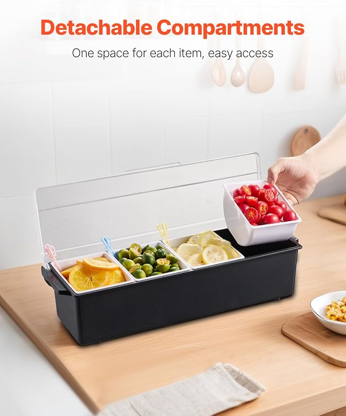 VEVOR Chilled Condiment Server, 4 Compartment Ice Cooled Condiment Serving Container, Chilled Garnish Tray Bar Caddy with Lid, for Bartending & Serving Taco, Salad, Fruit, Home & Restaurant Supplies