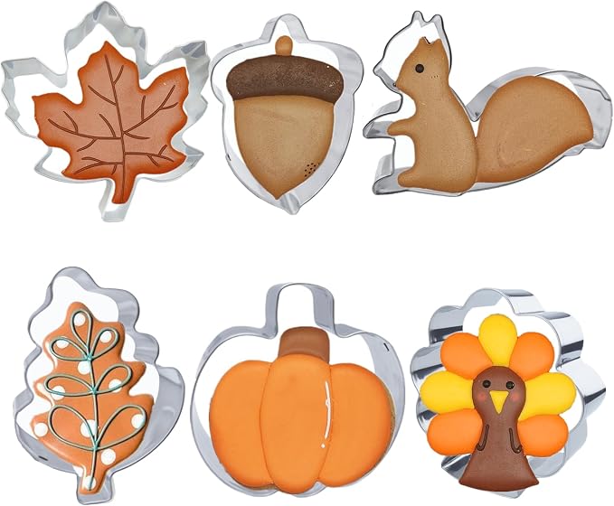 6 Pieces Thanksgiving Cookie Cutters, Fall Themed Holiday Cookie Cutter Shapes of Pumpkin,Maple Leaves,Oak Leaves,Turkey,Squirrel,and Acorn Cookie Cutters with Decorating Instructions