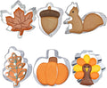 6 Pieces Thanksgiving Cookie Cutters, Fall Themed Holiday Cookie Cutter Shapes of Pumpkin,Maple Leaves,Oak Leaves,Turkey,Squirrel,and Acorn Cookie Cutters with Decorating Instructions