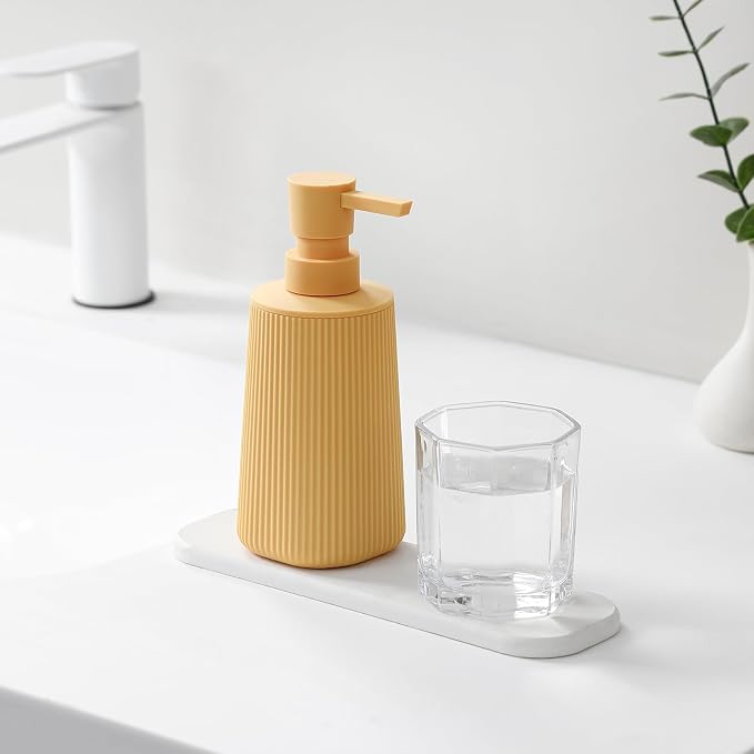 YAUKPH Small Soap Dispenser for Bathroom and Kitchen Matte Yellow | Modern Farmhouse Striped Style Plastic Hand Soap Dish Soap Dispenser with Pump