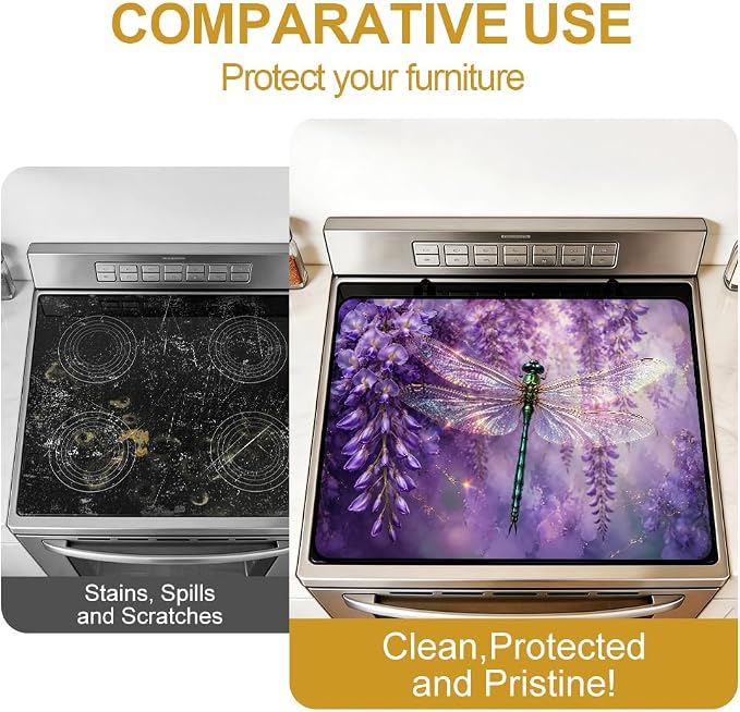 Dragonfly Wisteria Stove Top Cover for Electric Gas Glass Stove | Purple dragonfly wisteria kitchen decor; non-slip stovetop cover, glass cooktop noodle board, whimsical floral counter mat