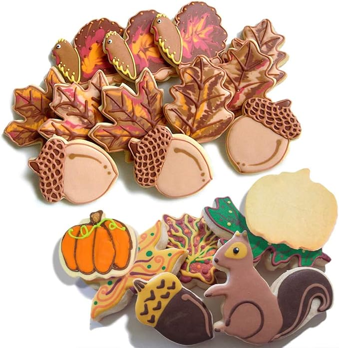 6 Pieces Thanksgiving Cookie Cutters, Fall Themed Holiday Cookie Cutter Shapes of Pumpkin,Maple Leaves,Oak Leaves,Turkey,Squirrel,and Acorn Cookie Cutters with Decorating Instructions