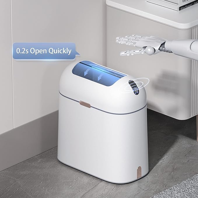 ELPHECO Bathroom Trash Can with lid 2.5 Gallon, Motion Sensor, White Golden | Waterproof Garbage Can, Automatic Waste Basket, Butterfly Lid, Plastic Garbage Bin for Bedroom and Office