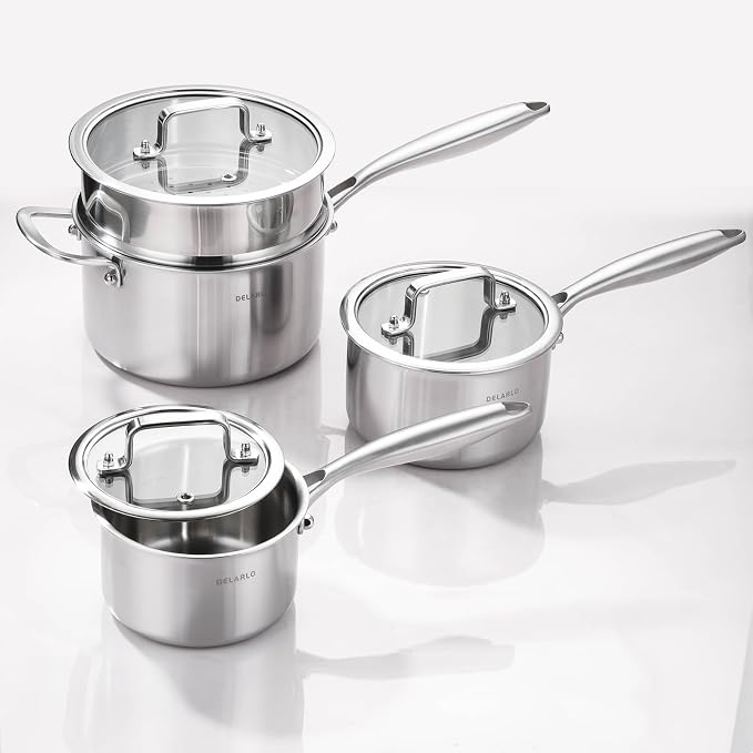 DELARLO Tri-Ply Stainless Steel Saucepan 1QT 2QT 3.5QT Kitchen Pot Set | Full-body Clad Cooking Set, Induction Cooking Sauce Pot Pan, Fast Even Heat, Heavy Duty Saucier Cookware