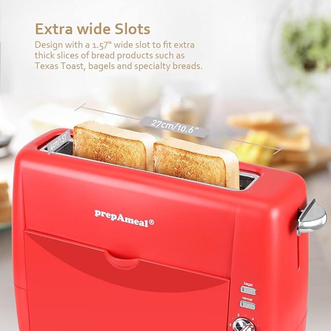 Long Slot Toaster 2 Slice Wide Slot Bread & Bagel Toaster (Red) | 1400W Slim Toaster, Red Toaster for for Waffles, Puff Pastry, Removable Crumb Tray, 6 Shade Settings, Bagel / Cancel