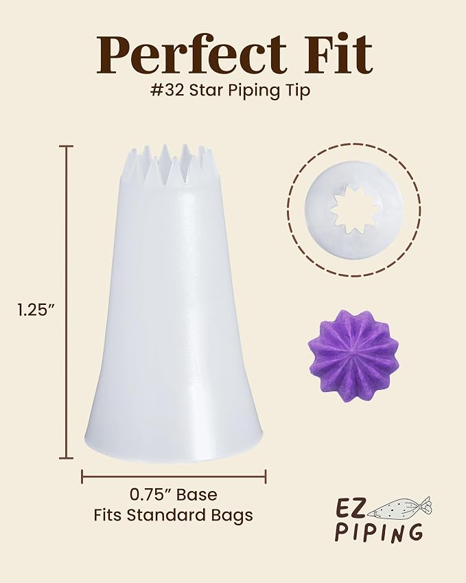 Reusable Plastic Piping Tips, Nozzles Standard Size Star Tip #32 (20pcs) | EZPiping Icing Nozzles with 2 couplers for Cake Decoration and Dessert Design, Baking Supplies Base Ø 0.75" Height 1.25"
