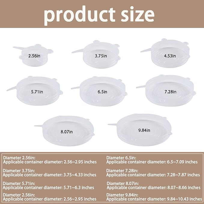 Silicone Stretch Lids, 6 Pcs, 8.07in | Reusable and Durable, Silicone Container Covers, Food Storage, Expandable Bowl Covers, Dishwasher & Freezer Safe