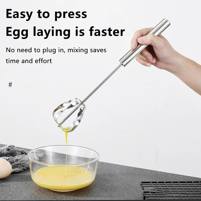 Stainless Steel Semi-Automatic Whisk Wider Hand Push Rotary Whisk Versatile Hand Push Mixer Stirrer Tool Rotary Egg Beater for Cooking, Blending, Mixing, Stirring, Whipping (10in)