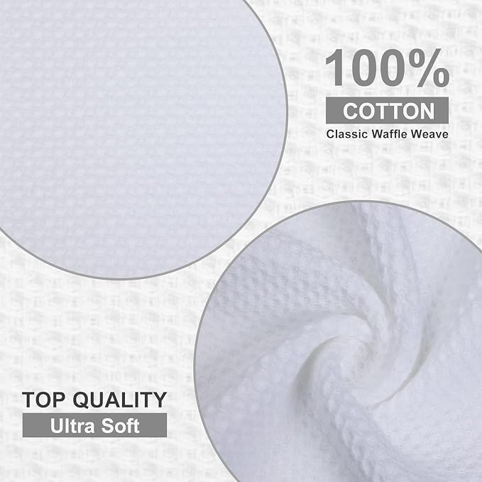 Kitinjoy 100% Cotton Waffle 4-Pack Kitchen Towels, 20" x 28", White | Super Soft, Ultra-Absorbent, Fast Drying, lightweight, Quick Drying Kitchen Hand Towels