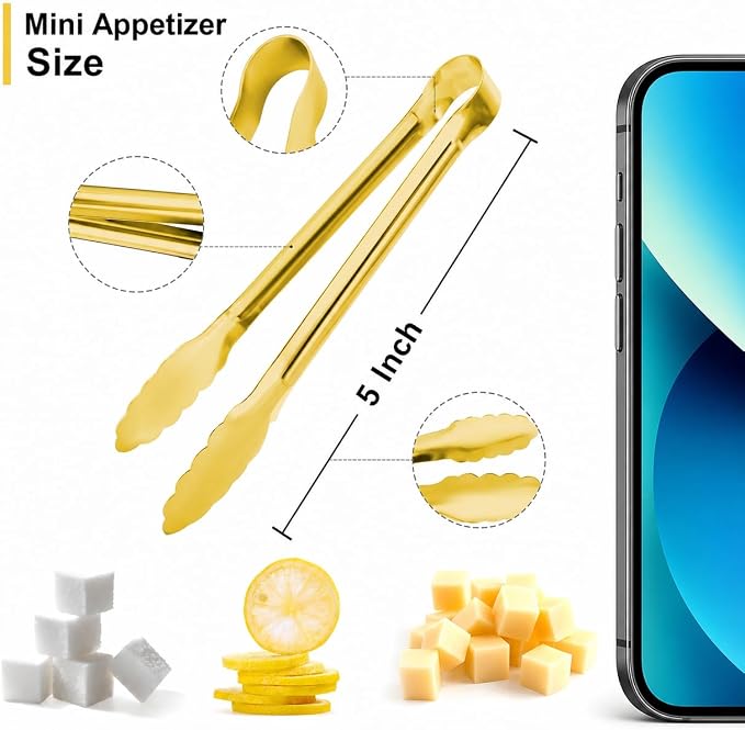8PCS Gold Mini Metal Tongs, 5" Stainless Steel Serving Tiny Tong, Small Kitchen Accessories for Appetizer, Ice, Sugar Cube, Salad, Toaster, Desserts (Gold, 5 INCH)