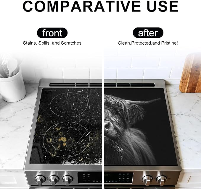 Highland Cow Stove Top Cover, Black and White, 28x20 in | Black and white highland cow close-up on black; non-slip washable mat; protects glass and electric cooktops; 28.4 x 20.5 in