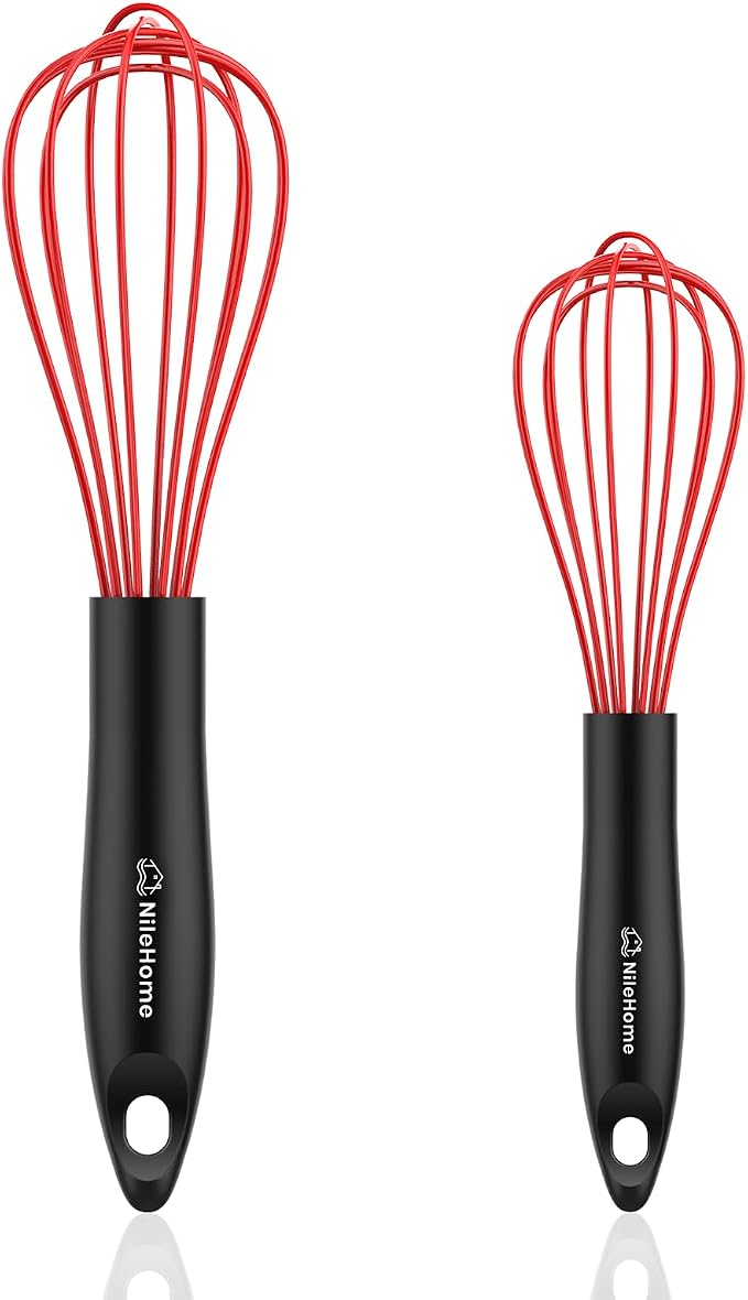 NileHome Silicone Whisk Set 8" 10", 2 Pack Kitchen Whisk Kitchen Wisk Wire Whisks for Cooking, Whisking, Blending, Beating, Stirring-Red