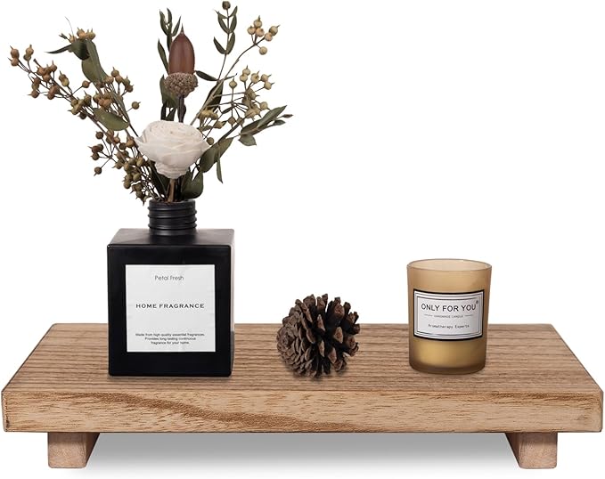 Wood Bathroom Tray Farmhouse Decor Kitchen Soap Holder, 11.8"x7" Brown | Waterproof, Lightweight, Easy Clean, Small Wooden Riser Pedestal Stand Accessories for Office Desk, Vanity, Counter, Sink