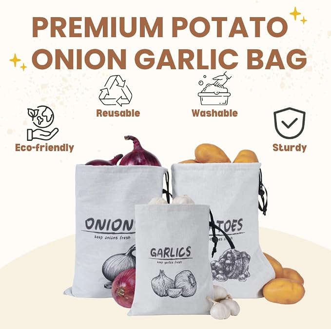 Potato Onion Garlic Storage Bag, Reusable Potato Onion and Storage Bag for Pantry, Vegetable Storage Bags with Drawstring Closure, 3 Packs (Potato Onion Garlic Bag)