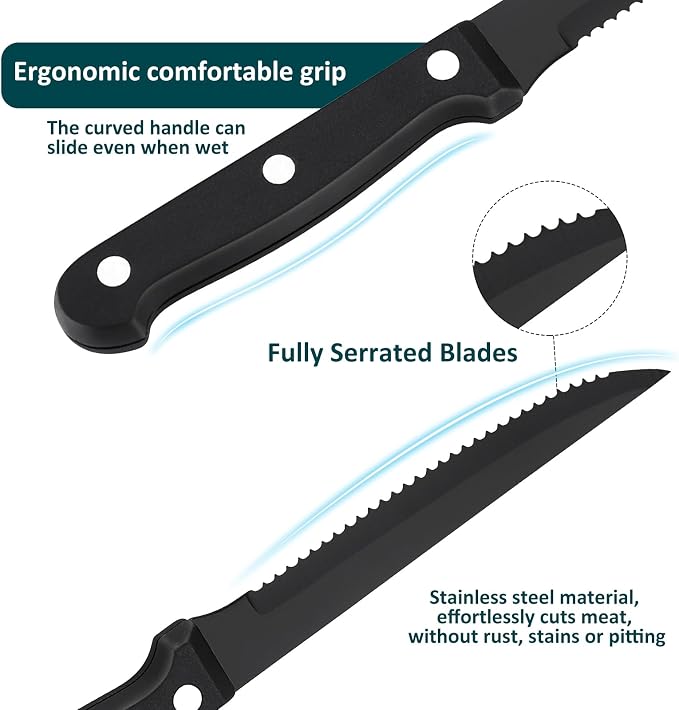 Steak Knife Sets, SANLUNS Kitchen Chef Knife Set & Serrated Knives of 8 - Professional Design Collection - Razor-Sharp High Carbon Stainless Steel Dinner Knives with Ergonomic Handles (8 Pcs - Black)