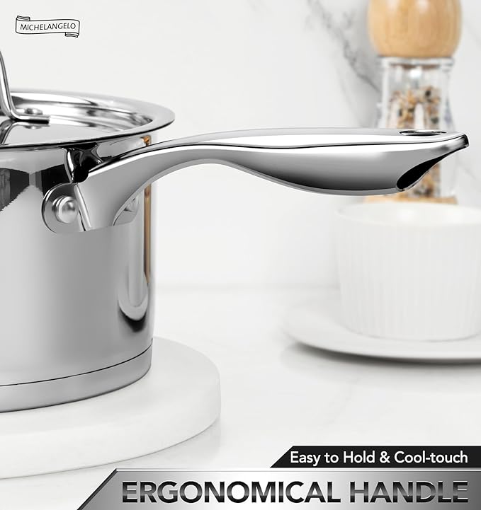 MICHELANGELO Stainless Steel Saucepan Set with Lids, 1QT & 2QT Small Sauce Pans, 304 Stainless Steel Sauce Pot Set with Tri-Ply Base, Induction Compatible, Dishwasher Safe, for Milk, Sauce, Soup