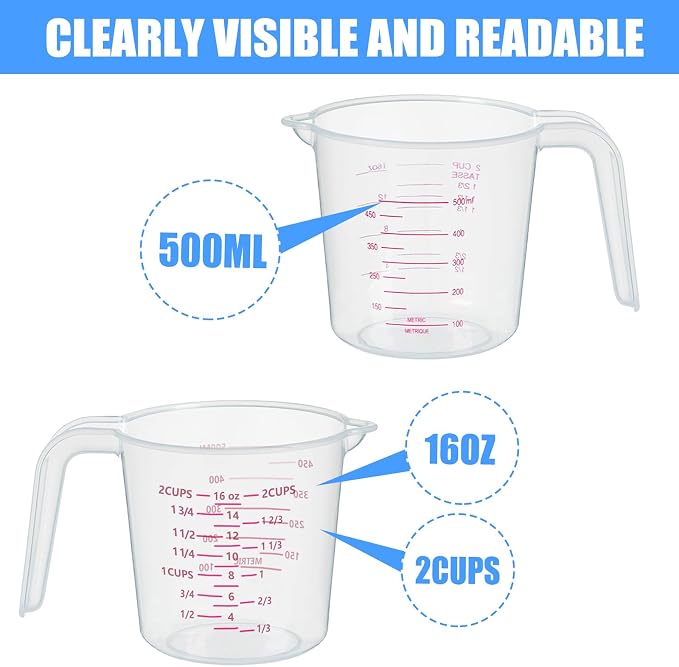 DTDNZKN 3 Pack Measuring Cups, 250ml (1-Cup), 500ml (2-Cup) &1000ml (4-Cup) | Plastic Liquid Measuring Cups - Clear Markings for Baking, Cooking, Mixing, Oil & Water Measurement - Essential Kitchen Tools