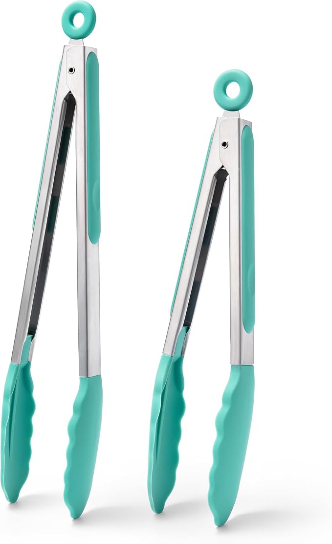 Doosu Kitchen Tongs with Silicone Tips for Cooking Serving (9+12in, Aqua) | 600°F Heat Resistant Food Tong, Heavy Duty Stainless Steel Locking Tong for BBQ, Grilling Steak, Salad, Toast, Pasta