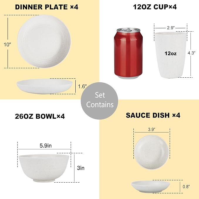 Premium Wheat Straw Dinnerware Set for 4 Unbreakable Plates Bowls and Cups Set 16 PCS Dishwasher & Microwave Safe Dishes Set for RV,Camping,Kitchen Essentials-White