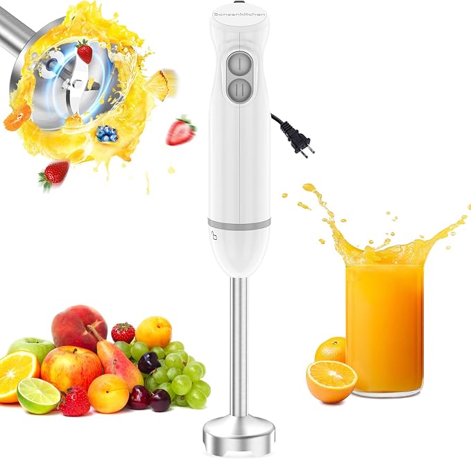 Bonsenkitchen Immersion Blender with 2 Mixing Speed,Stainless Steel Blades | Ergonomic Handle, Emulsion Blender, Stick Mixer for Baby Food,Smoothies, Soups & Sauces