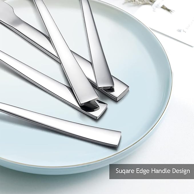 10-Piece Silverware Set, E-far Stainless Steel Flatware Set Service for 2, Modern Tableware Cutlery Set for Home and Restaurant, Square Edge & Mirror Finish, Dishwasher Safe