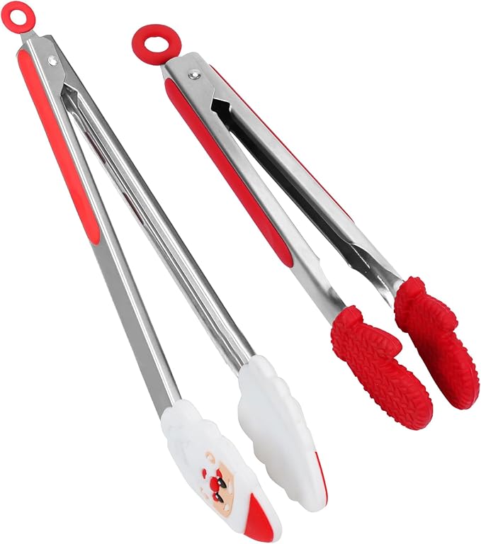 Kitchen Tongs, Food-Grade Silicone Tips with Christmas Design | Dishwasher safe, Premium Stainless Steel, Heat Resistant 500ºF, 9'' and 12''