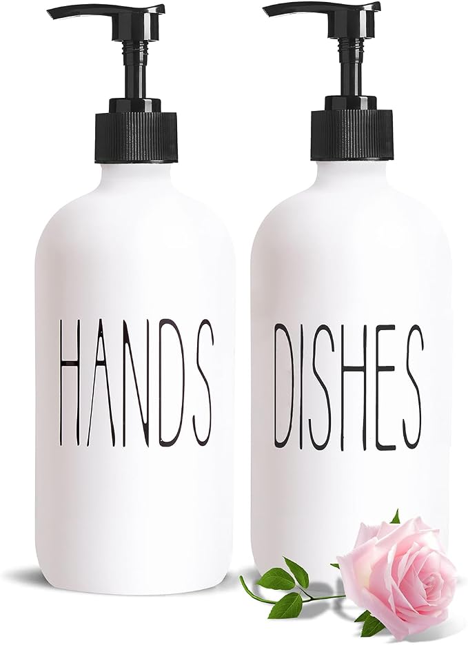COHOSEGE 16 Oz Glass Soap Dispenser Set 2 Pack for Kitchen Sink,Contains Hand and Dish Soap Dispenser,White Kitchen Utensils