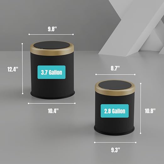 URALFA Automatic Bathroom Trash Can with Lid, Motion Sensor Trash Can | 3.7 Gal Bathroom Garbage Can Touchless, Smart Waterproof Trash Bin for Bedroom, Office, Restroom, Black and Gold