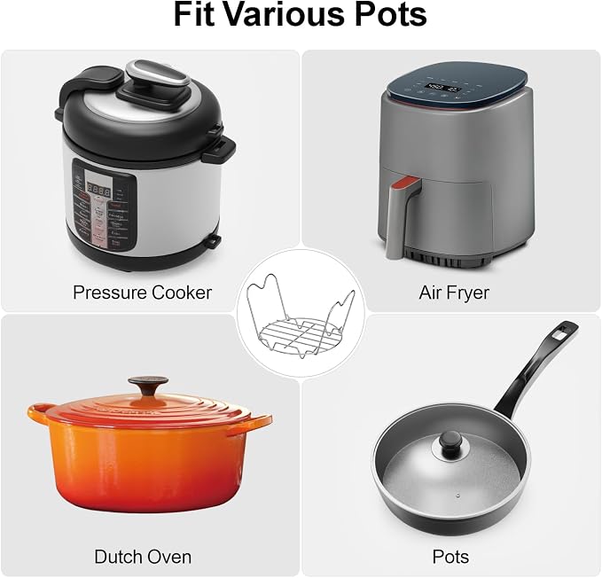 Steamer Rack Trivet for Instant Pot 6 Qt & 8 Qt with Handle, 7.7 in | 304 Stainless Steel Steam Rack with Foldable Long Handles for Pressure Cooker, Steaming, Cooking, Dishwasher Safe