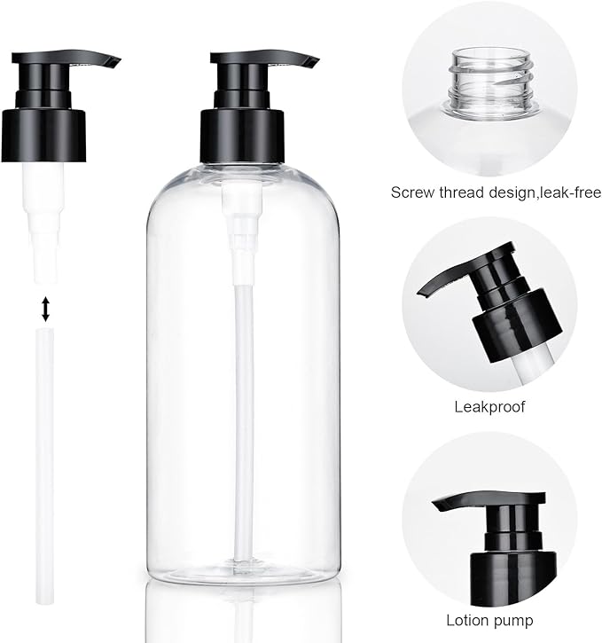 Plastic Pump Bottles Dispenser 2Pack 10oz Shampoo Bottle BPA Free | Empty Pump Bottle Refillable Clear Shampoo Conditioner for Lotion, Liquid Soap, Massage Oil