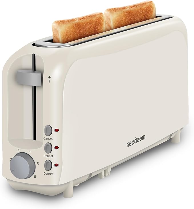 SEEDEEM 2 Slice Slim Toaster, Single 10" Long Slot Toaster Fits Bagels & Artisan Bread, 6 Shade Settings, Cancel/Reheat/Defrost, Removable Crumb Tray, Auto Shut-Off, Ivory