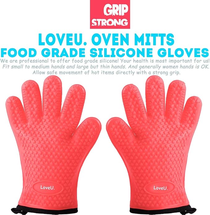 Silicone Oven Mitts Gloves - Heat Resistant, Non-Slip for BBQ, Grilling | 450°F Double-Layer｜Waterproof Kitchen Cooking Barbecue Mittens ｜5 Finger Hot Mitt for Baking, Smoker& Cast Iron(XL-XXXL)