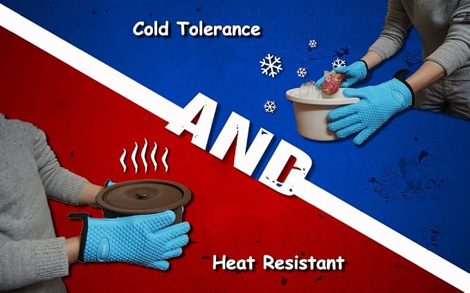 Silicone Oven Mitts Gloves - Heat Resistant, Non-Slip for BBQ, Grilling | 450°F Double-Layer｜Waterproof Kitchen Cooking Barbecue Mittens ｜5 Finger Hot Mitt for Baking, Smoker& Cast Iron(One Size)