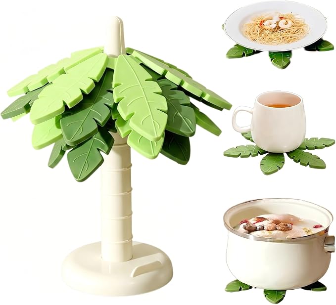 Silicone Trivets for Hot Dishes and Pans, Heat Resistant Tree-Shaped Pot Holders (Set of 4) BPA Free, Non-Slip Kitchen Trivet Mats, Elegant Christmas Design for Countertops & Dining Tables Green