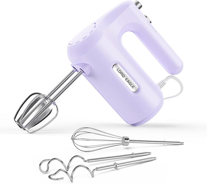 Lord Eagle 5-Speed Small Hand Mixer Electric, 300W Compact Portable, Purple | Handheld Kitchen Mixer Egg Beater with 5 Attachments & Storage Bag, Cake Supplies for Bread Dough Baking, Lightweight