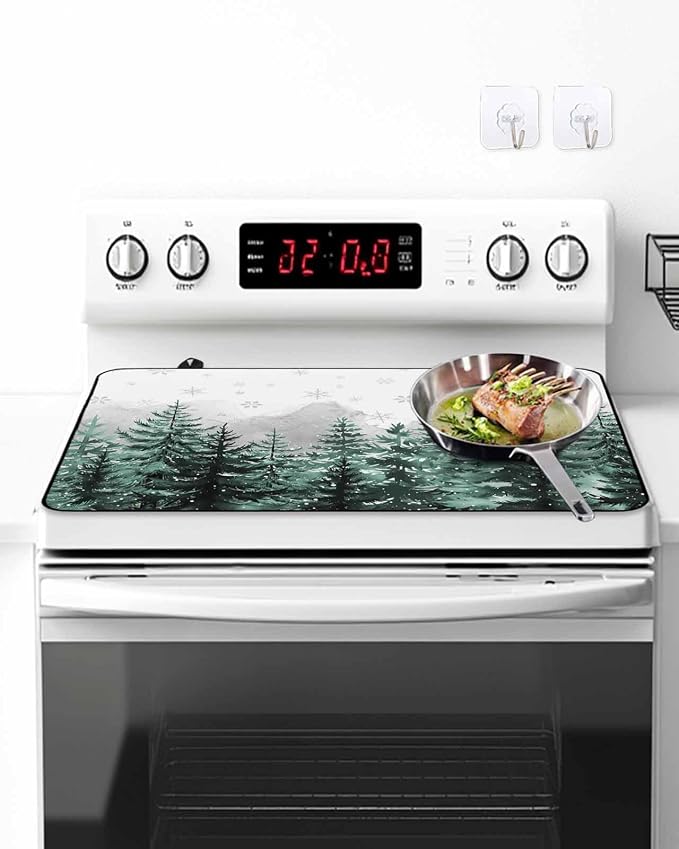 Stove Top Covers for Electric Stove 31x24 Inches, Forest Christmas Tree HeatResistant Glass Cooktop Protector, Green Xmas Snowflake Misty Winter Ceramic Stovetop Countertop Covers Mat, Oven Cover