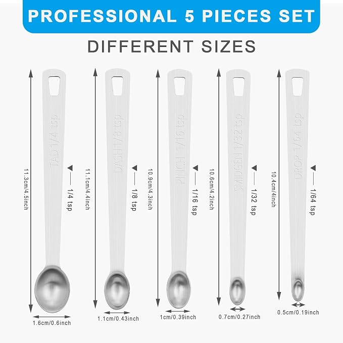 5pcs Mini Measuring Spoon Set, Heavy Duty Stainless Steel | Cooking Baking, Tablespoon Teaspoon for Dry or Liquid Ingredients, Fits in Spice Jar, 1/64 1/32 1/16 1/8 1/4 tsp