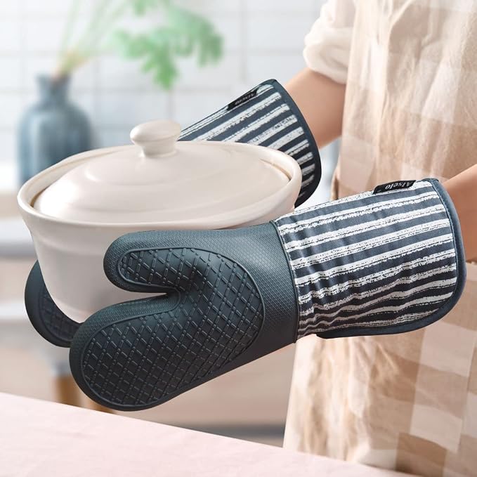 Alselo Silicone Oven Mitts Heat Resistant 932℉ with Waterproof & Non-Slip | Kitchen Mittens Set of 2,Extra Long 7.5"x15" Oven Gloves with Soft Cotton Terry Lining for Baking Cooking BBQ(Grey,2)