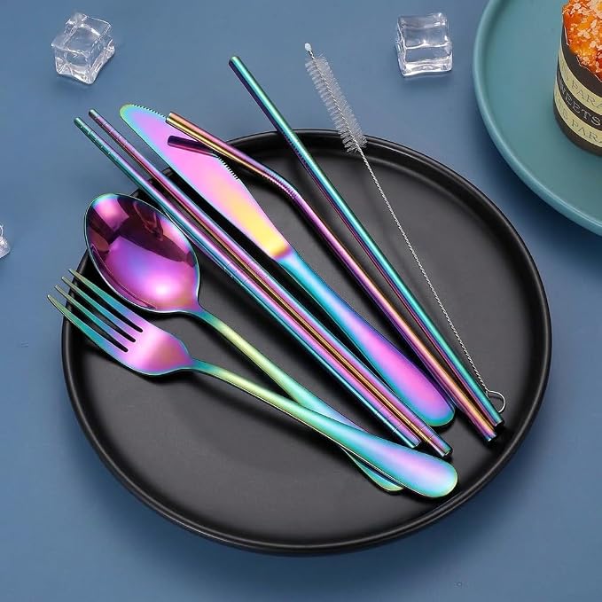 Portable Stainless Steel Flatware Set, Travel Camping Cutlery Set, Portable Utensil Travel Silverware Dinnerware Set with a Waterproof Case (Rainbow)