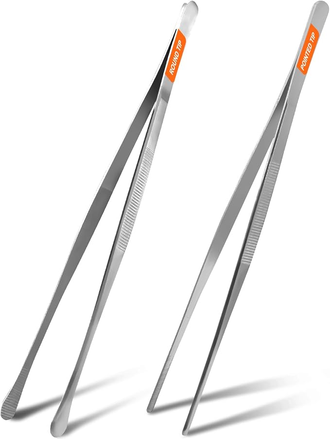 12-Inch Cooking Tweezers, 2-Pack Stainless Steel Kitchen Tongs | Two 12-inch stainless steel tongs with straight and round tips for frying, grilling, pasta, bacon, and serving.