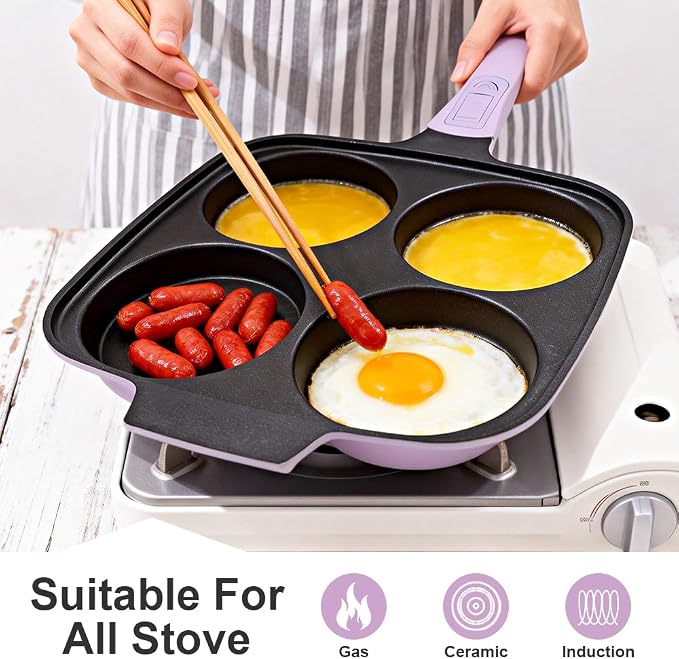 RANX INGST 4-Cup Egg Pan Nonstick with Lid 10 Inch Large Pancake Pan,Purple | Detachable Handle, Omelette Skillet Induction Compatible for Breakfast