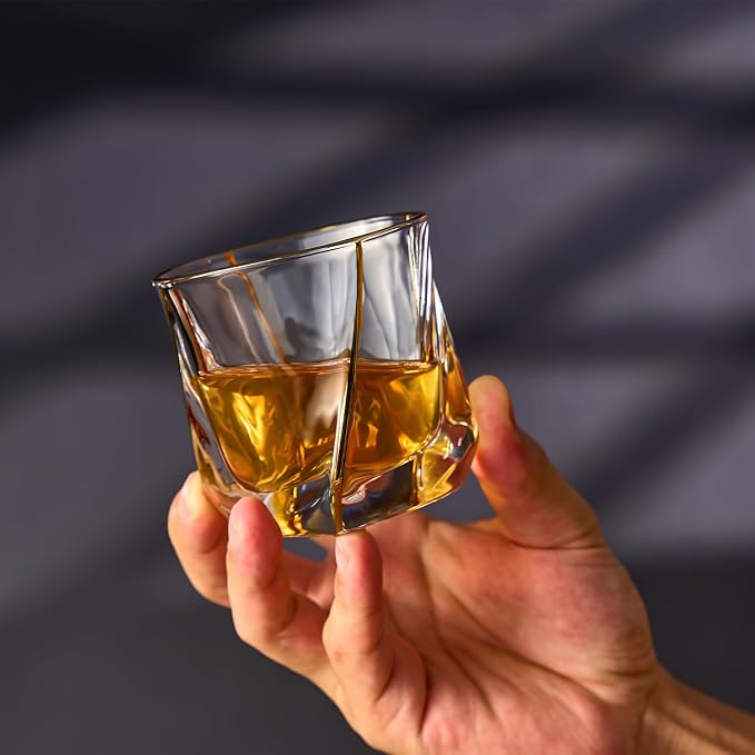 GLASKEY Crystal Whiskey Glasses Set of 2 with 24K Gold Rim,Bar Glasses,Twisted Whiskey Glass Gold Collection for Bourbon,Scotch and Wine,Rock Barware for Men Gift - 8oz