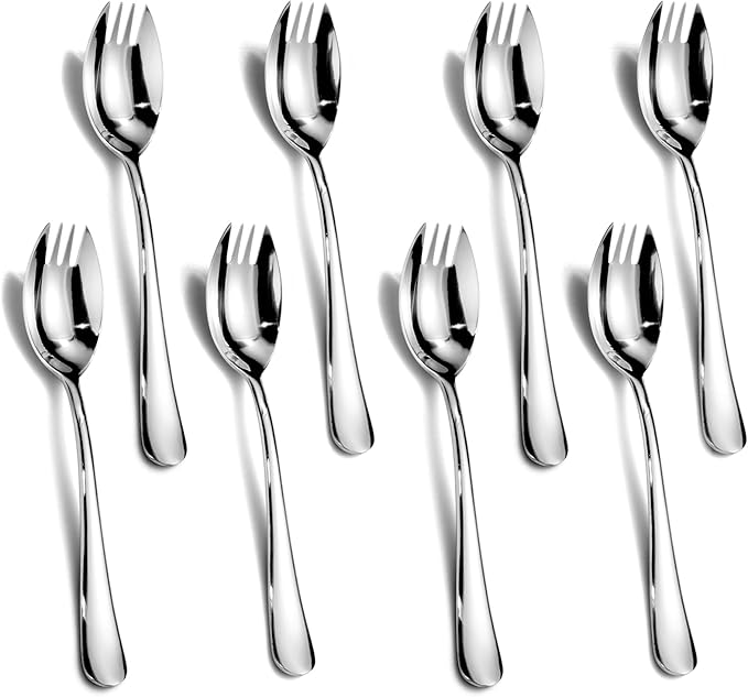 Alata Sporks, 8-Pack Food-grade Stainless Steel Sporks, 7.4 Inches Long Handle Salad Forks For Dessert, Ice Cream, Salad, Soup, Noodle, Spaghetti, Dishwasher Safe