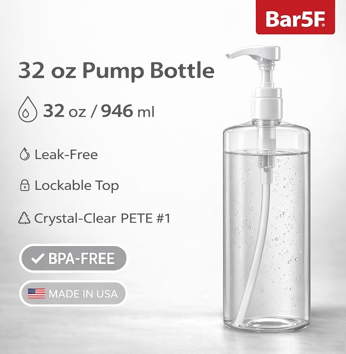 Bar5F Pump Bottle 32-Ounce 1-Liter Empty | For Shampoo Conditioner Body Wash Lotion, BPA-Free, Crystal-Clear, Pack of 1