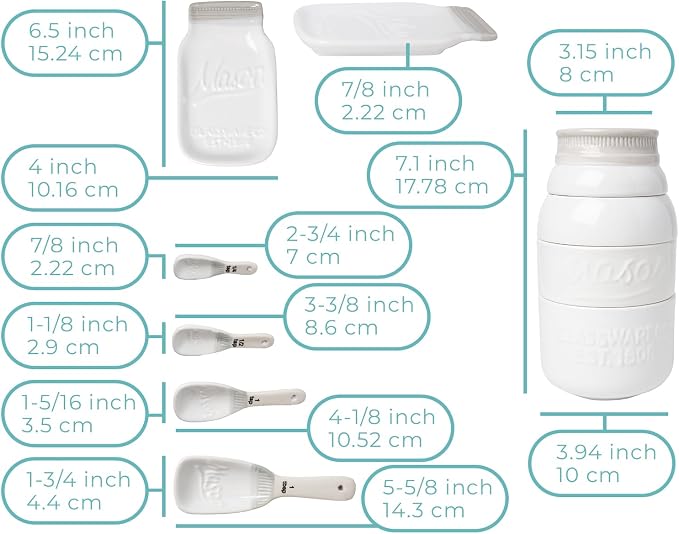 Comfify White Mason Jar Measuring Set – 4 Cups, 4 Spoons, Spoon Rest | White; ceramic; 9-piece set; 4 measuring cups + 4 measuring spoons + spoon rest; mason jar design; hand wash only