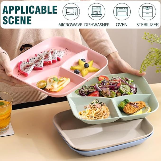 Unbreakable Wheat Straw Dinner Plates for Healthy Eating - 10 Inch Divided Portion Control Plates, 4 Pack BPA Free, Suitable for Kids & Adults, Perfect for Picnics