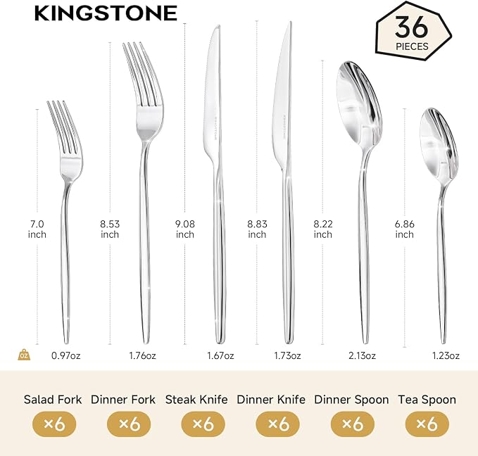 36 Piece Silverware Set for 6 with Steak Knives, 18/10 Stainless Steel | KINGSTONE Flatware set, Mirror Polished Fork Knives Spoon Utensils,Cutlery set for Home Restaurant Wedding, Dishwasher Safe