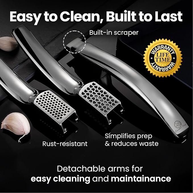 Gourmet Easy Lifetime Replace Garlic Press, No Need to Peel, Fine & Coarse | Detachable Design for Easy Cleaning, Ergonomic Handle for Effortless Press, Stainless Steel Rust-Resistant, Dishwasher Safe