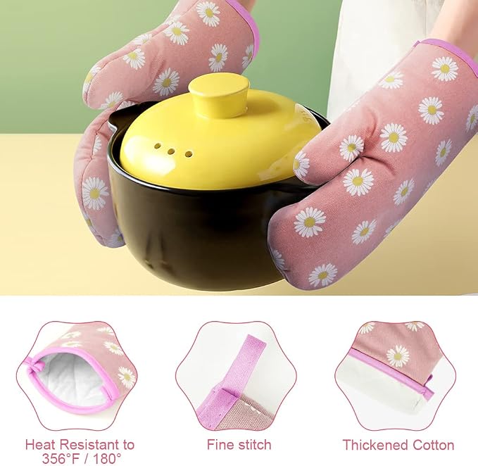 AUAUY Oven Mitts and Potholders, BBQ Gloves Heat Resistant, 1 Pair Oven Mitts and 2 Pot Holders, Cotton Non-Slip Cooking Gloves for Cooking Baking Kitchen Microwave Pizza(Daisy-Pink) | Cooking Gloves and Hot Pads Baking Mittens, Grilling Gloves BBQ Glo...